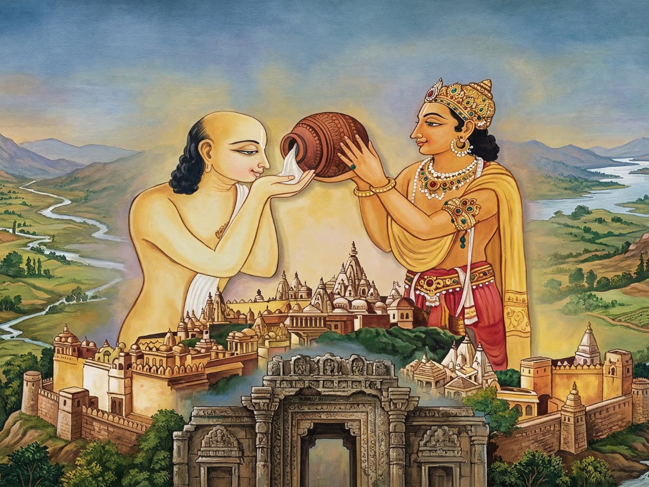 Sudama's Visit to Dwarka and Lord Krishna offering riches to his beloved friend Sudama