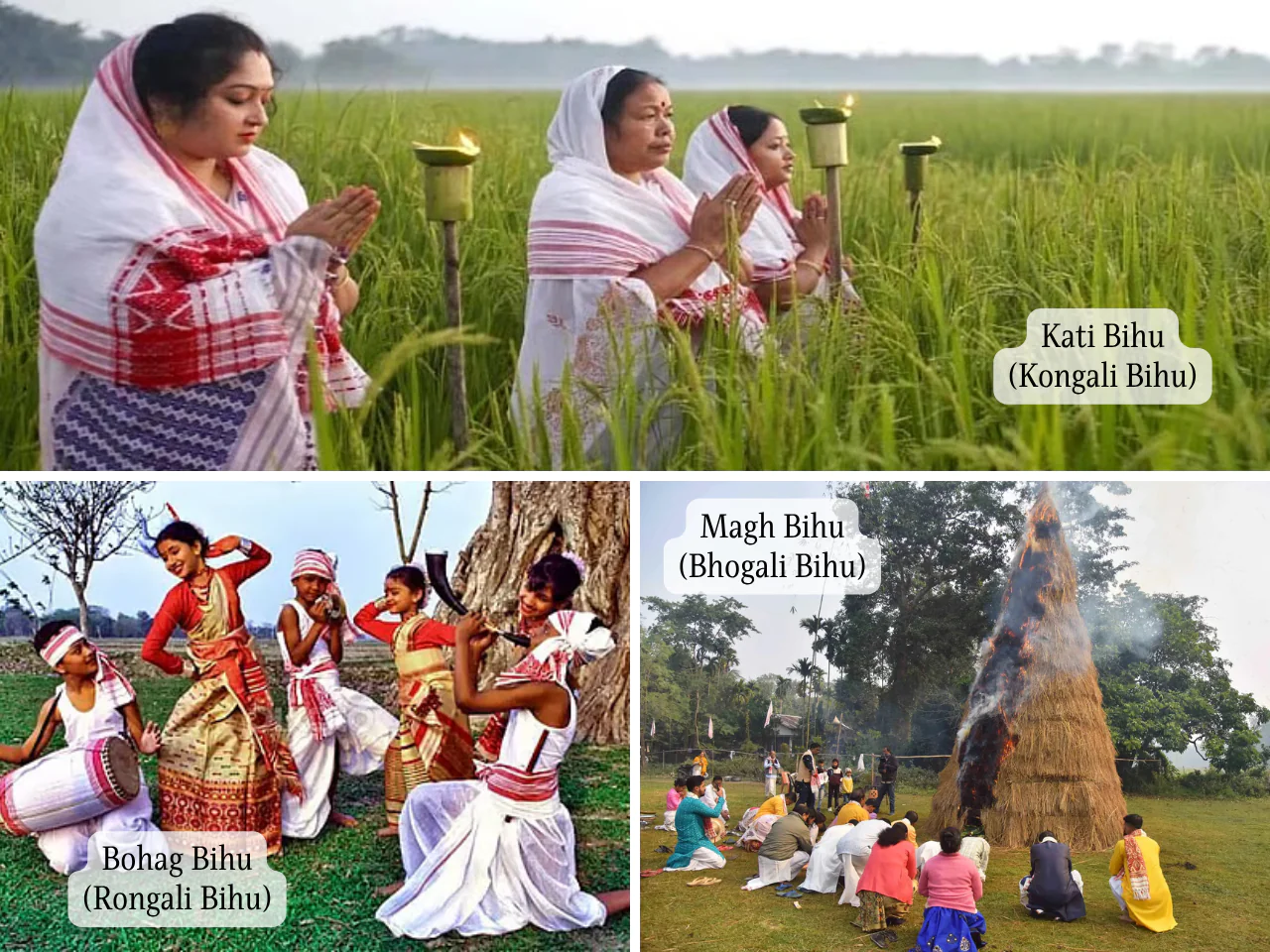Images showing rituals in different types of Bihu celebrated across North Eastern Region