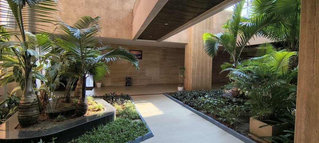 An indoor modern lobby atrium filled with large palm trees and raised garden beds lining a central light-tiled pathway under an upper walkway.