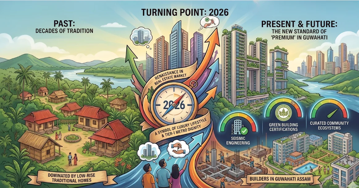 A vibrant illustrated infographic depicting Guwahati's transformation from traditional village life into a modern, vertical city.