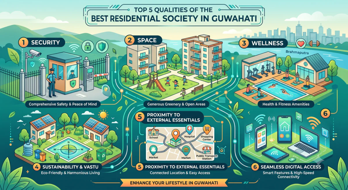 Top 5 Qualities the Best residential society in Guwahati Must Have - Security, Space, Wellness, Sustainability, and Vastu, Proximity to External Essentials and Seamless Digital Access