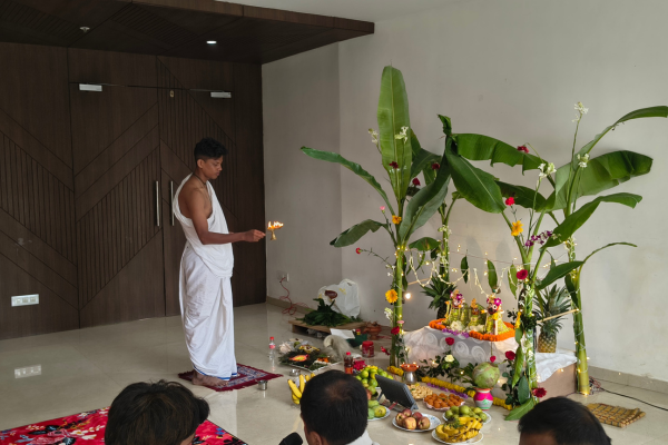 Traditional ritual setup and offerings prepared for the festival inside an Apartment in Guwahati.