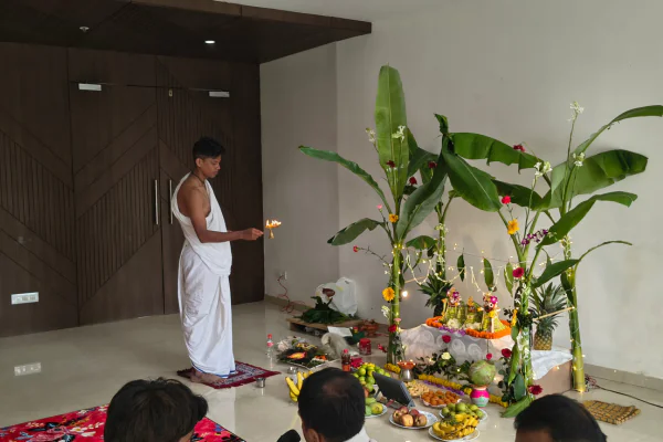Traditional ritual setup and offerings prepared for the festival inside an Apartment in Guwahati.