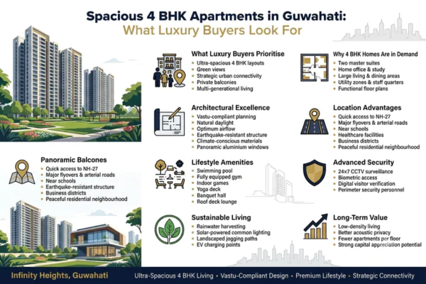 An infographic detailing key considerations for purchasing spacious 4 BHK apartments in Guwahati, covering luxury amenities, Vastu compliance, location advantages, and long-term value at Infinity Heights.