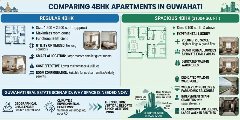 An architectural infographic comparing a regular 4BHK flat in Guwahati (1500–2200 sq. ft.) with a spacious luxury 4BHK layout (3100+ sq. ft.), outlining differences in volumetric space, staff quarters, and high-altitude living advantages at Infinity Heights.