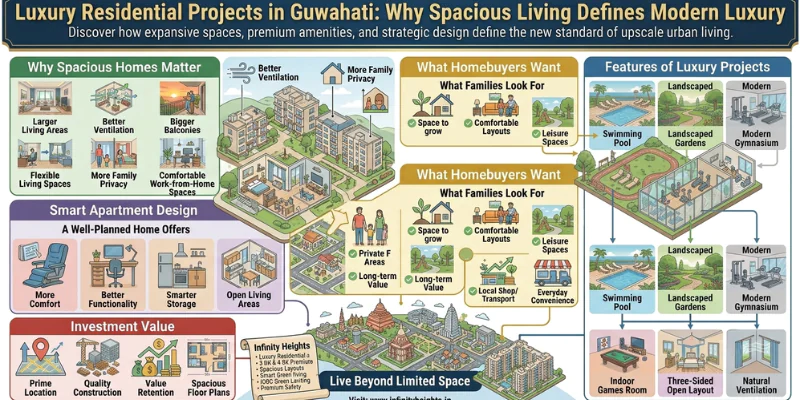 Comprehensive landscape real estate infographic detailing luxury residential projects in Guwahati, highlighting spacious living, smart apartment design, amenities, and investment value.