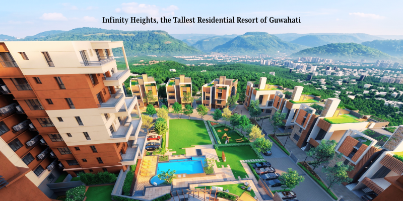 An aerial rendering of Infinity Heights premium residential resort in Guwahati, highlighting high-end apartments, luxury villas, an outdoor pool, and scenic valley views driven by regional growth from the Tata semiconductor plant Assam.