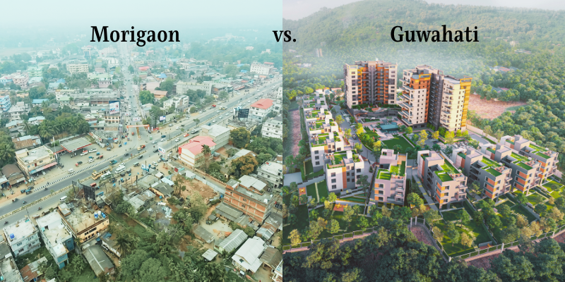 A side-by-side geographic infographic comparing the developing urban layout of Morigaon near the Tata semiconductor plant Assam with a luxury high-rise residential resort enclave in Guwahati.