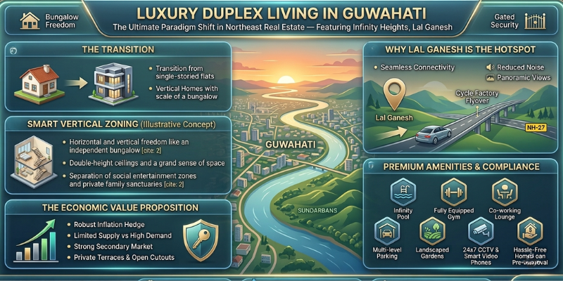 Comprehensive real estate infographic layout detailing luxury duplex houses for sale in Guwahati by Infinity Heights, outlining economic value propositions, infrastructure connectivity at Lal Ganesh, and premium gated community resort amenities.