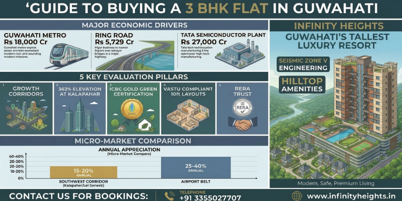 Infographic guide for buying a 3 BHK flat in Guwahati featuring economic growth drivers, key evaluation pillars, micro-market appreciation comparisons, and an architectural preview of Infinity Heights residences.