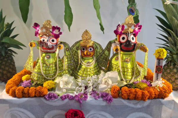 Three wooden Jagannath idols dressed in matching lime-green embroidered attire and adorned with fresh floral garlands on an altar flanked by pineapples.