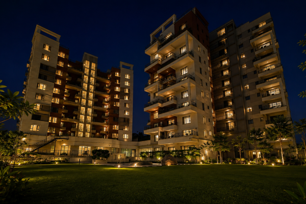 Modern high-rise residential luxury towers illuminated at dusk with warm exterior lighting overlooking a manicured green lawn.