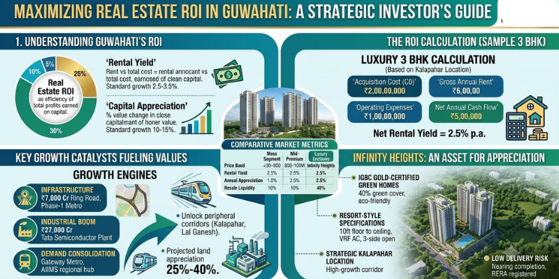 Real estate investment infographic detailing 3 BHK ROI calculations and market drivers in Guwahati.