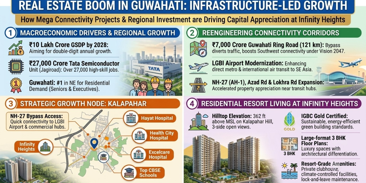 Infographic titled Real Estate Boom in Guwahati highlighting macroeconomic drivers, key infrastructure projects, strategic benefits of Kalapahar, and features of Infinity Heights hilltop residential resort.