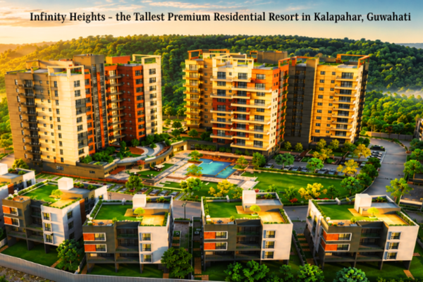 An aerial photograph of Infinity Heights in Kalapahar, Guwahati, showcasing luxury residential towers, modern low-rise villas, a central swimming pool, and green landscaping set against lush, forested hills during golden hour.