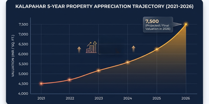 Line chart showing the 5-year property appreciation trajectory for Kalapahar from 2021 to 2026, rising from 4,500 to 7,500 INR per sq. ft.
