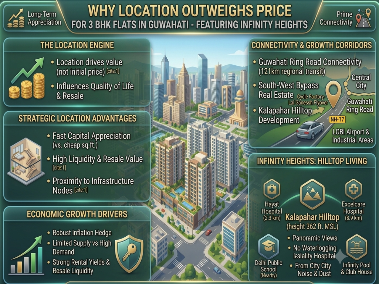 Infographic titled 'Why Location Outweighs Price for 3 BHK Flats in Guwahati featuring Infinity Heights,' featuring key real estate metrics, connectivity routes, and urban building skyline visuals.