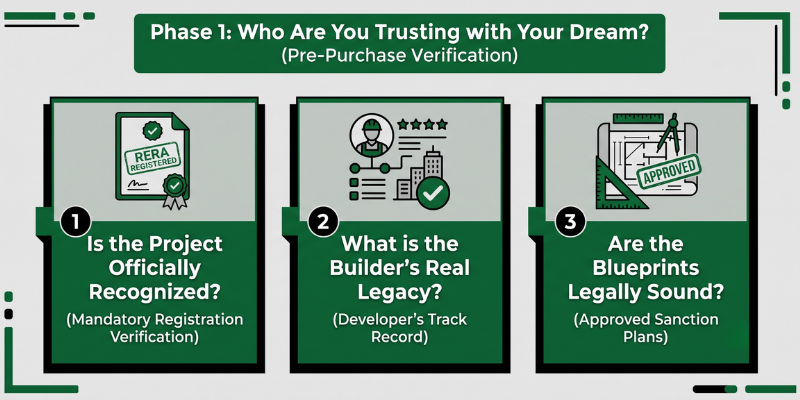 An infographic illustrating Phase 1: Pre-Purchase Verification, detailing three steps for real estate verification: checking RERA registration, developer track record, and approved sanction plans.