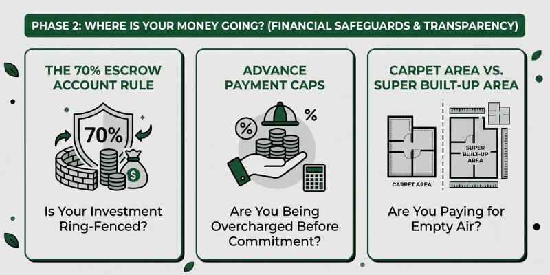 An infographic illustrating Phase 2: Financial Safeguards & Transparency, highlighting three key real estate investment checks: the 70% Escrow Account Rule, Advance Payment Caps, and Carpet Area vs. Super Built-Up Area.