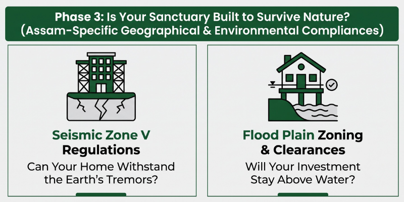 An infographic illustrating Phase 3: Geographical and Environmental Compliances in Assam, highlighting Seismic Zone V regulations and Flood Plain Zoning clearances for real estate investments.