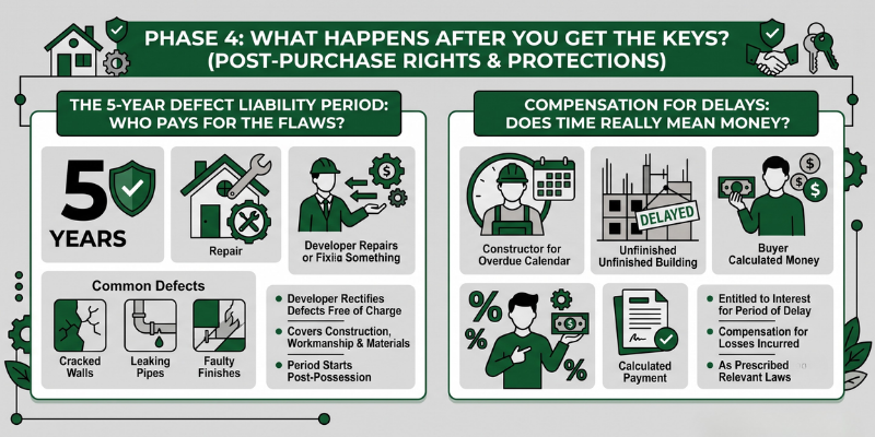 An infographic illustrating Phase 4: Post-Purchase Rights & Protections under RERA, detailing the 5-year defect liability period for common construction flaws and compensation rights for delayed possession.
