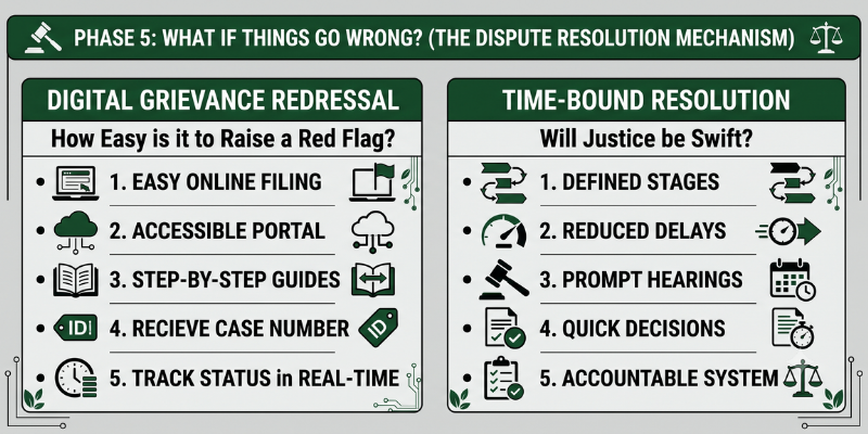 An infographic illustrating Phase 5: Dispute Resolution Mechanism in real estate, detailing digital grievance redressal steps and time-bound resolution features.