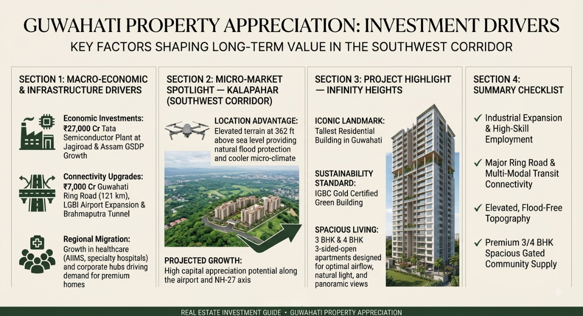 An editorial real estate infographic titled "GUWAHATI PROPERTY APPRECIATION: INVESTMENT DRIVERS" showing key market growth factors and Infinity Heights in Kalapahar.