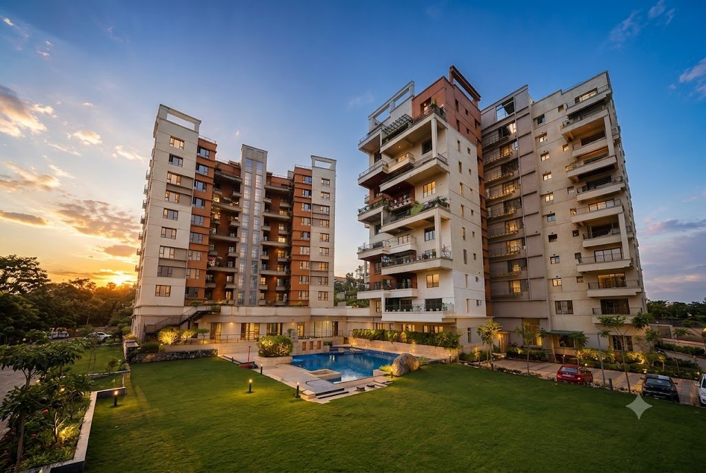 Modern apartment complex at sunset with pool.