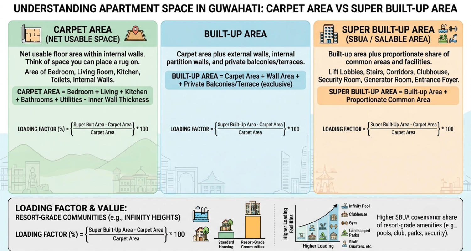 An informational infographic comparing carpet area, built-up area, and super built-up area for flats in Guwahati, with diagrams, formulas, and a value analysis of resort-style loading factors.