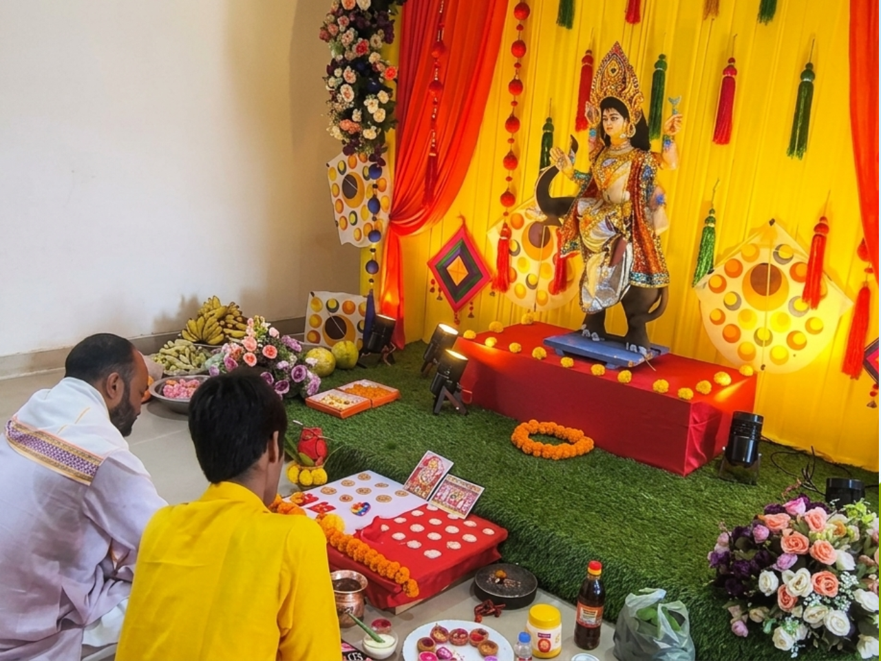 Devotees offering prayers during a Vishwakarma Puja ceremony in front of a decorated idol.