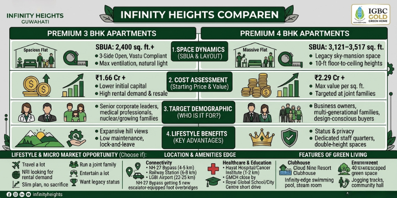 Infographic comparing 3BHK vs 4BHK apartment configurations, pricing, and benefits at Infinity Heights, Guwahati.