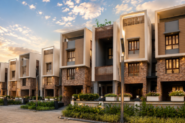 Row of modern three-storey luxury villas with stone-clad facades, wooden accents, and warm exterior lighting under a sunset sky at Infinity Heights.