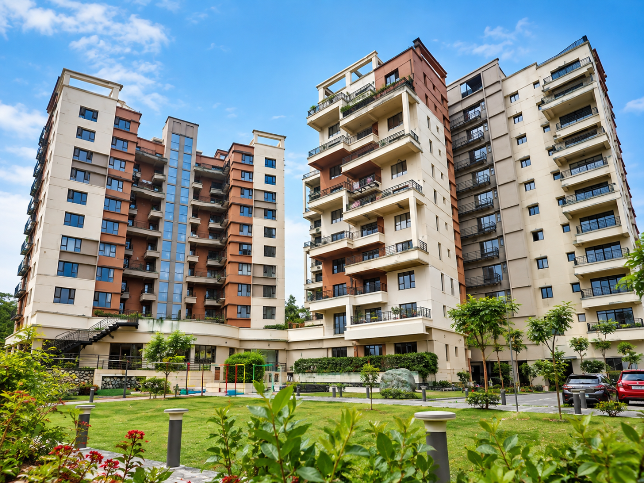 Contemporary apartment buildings with balconies and green surroundings showcasing property in Guwahati