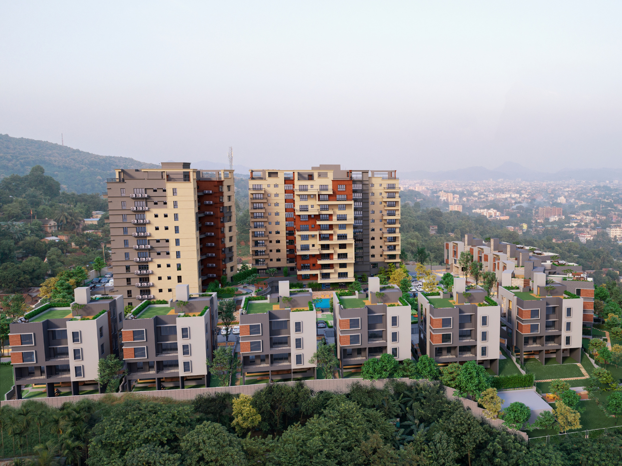 Residential apartments and modern villas surrounded by greenery at a property in Guwahati